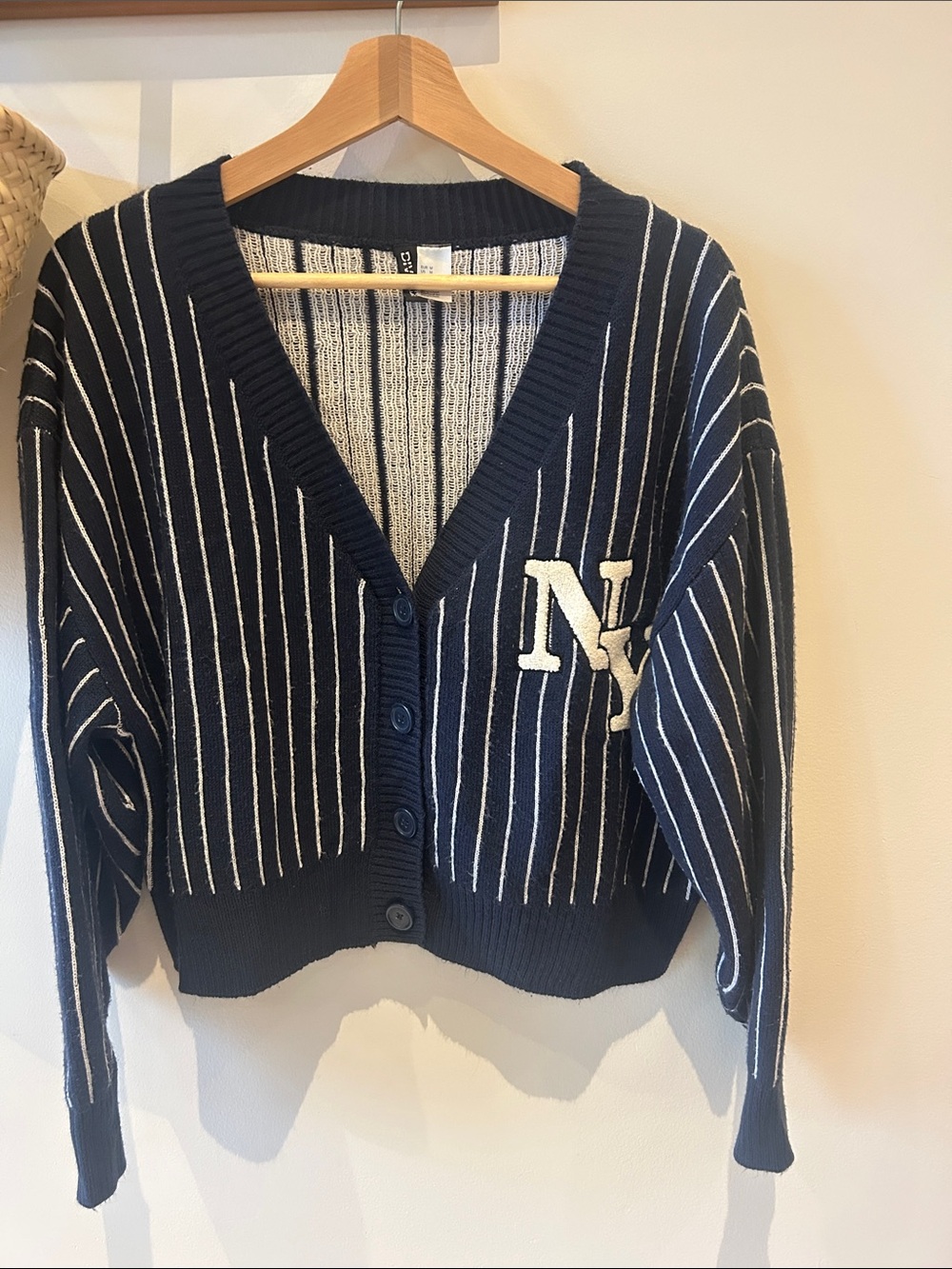 Navy Striped Button-Front Cardigan with NY Patch